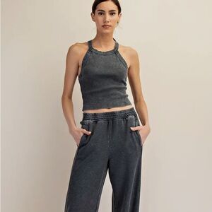 Women's Black Wide Leg Ribbed Side Pants